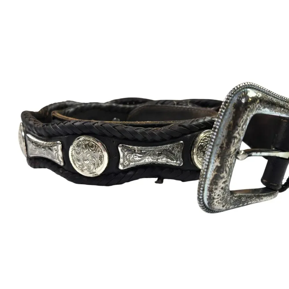 Mens Vintage Nadim Belt Leather Conch Western Size 40 Brown 90s Cowboy Silver